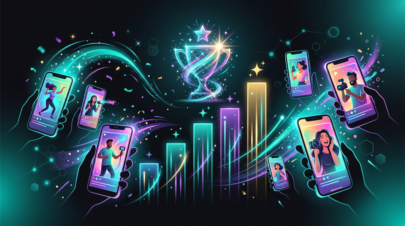 Illustration of creators competing in contests with prizes and performance-based ranking